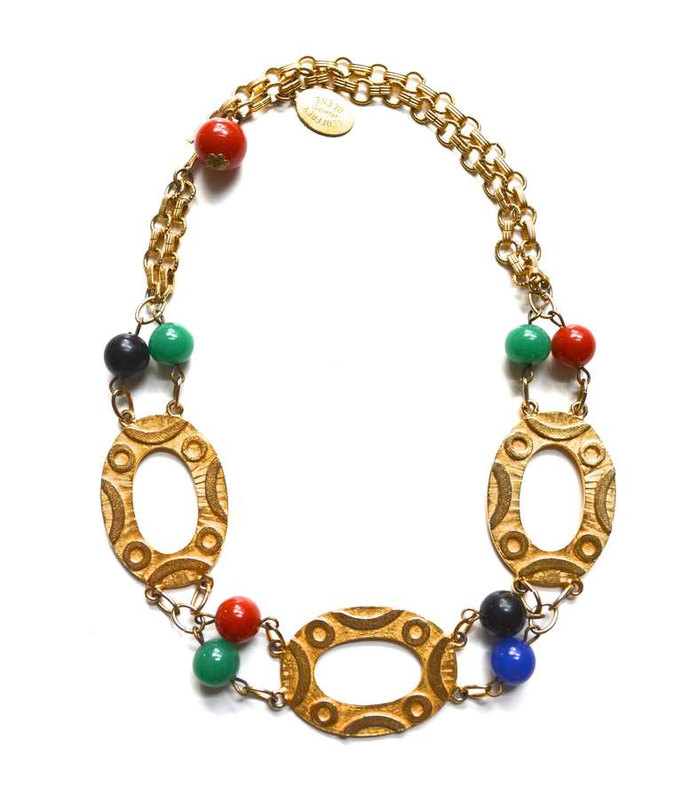 1960s Geoffrey Beene / Kramer multicolor glass ball necklace, black beads are plastic. Metal discs are1.25