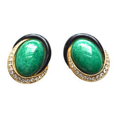 Ciner Green Cabochon Earrings, Signed
