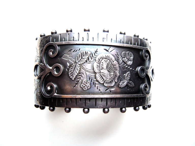 Beautiful family owned cuff from the end of the Victorian era by the fine European silver maker Constantine & Floyd. The piece is well hallmarked which seems to correspond to their mark dating at about 1893.  The bracelet is marked with a lion