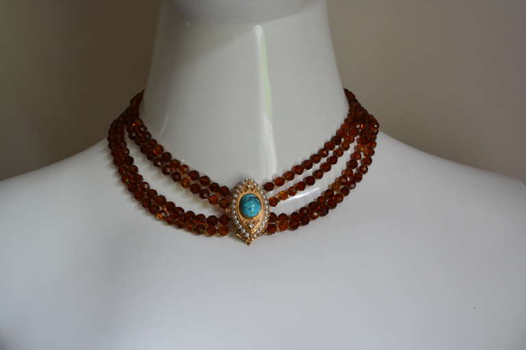 Eye of Turquoise 14K Gold Diamond Quartz Bead Choker In Excellent Condition For Sale In Litchfield County, CT