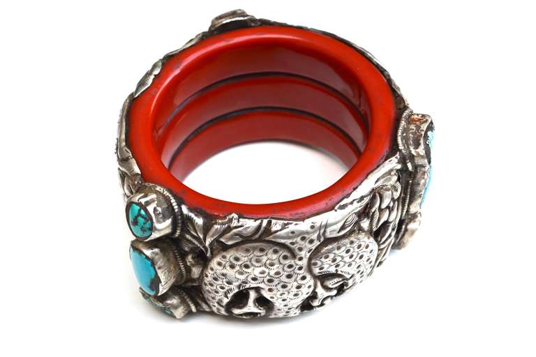 Women's or Men's Tibetan Sterling and Turquoise Traditional Cuff For Sale