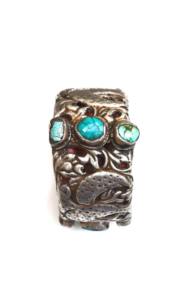 Tibetan Sterling and Turquoise Traditional Cuff For Sale 1