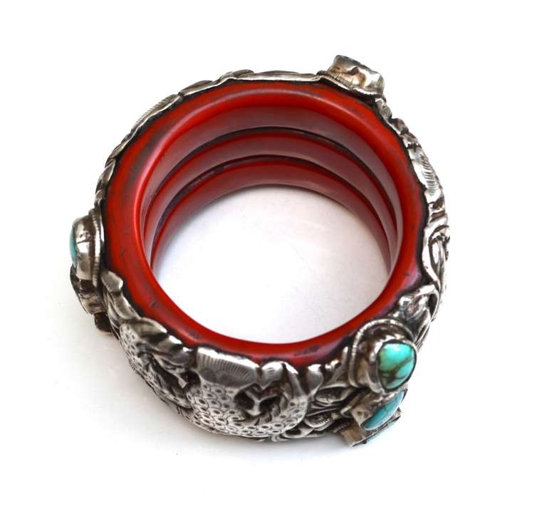 Tibetan Sterling and Turquoise Traditional Cuff In Excellent Condition For Sale In Litchfield County, CT