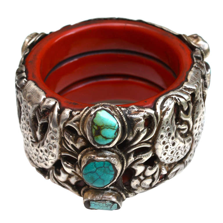 Tibetan Sterling and Turquoise Traditional Cuff For Sale