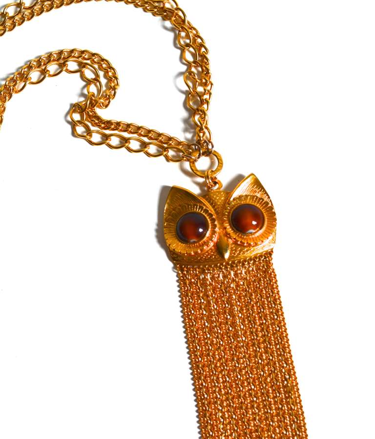 Large signed Cadoro owl necklace with long chain fringe and glass eyes. Pendant, 7
