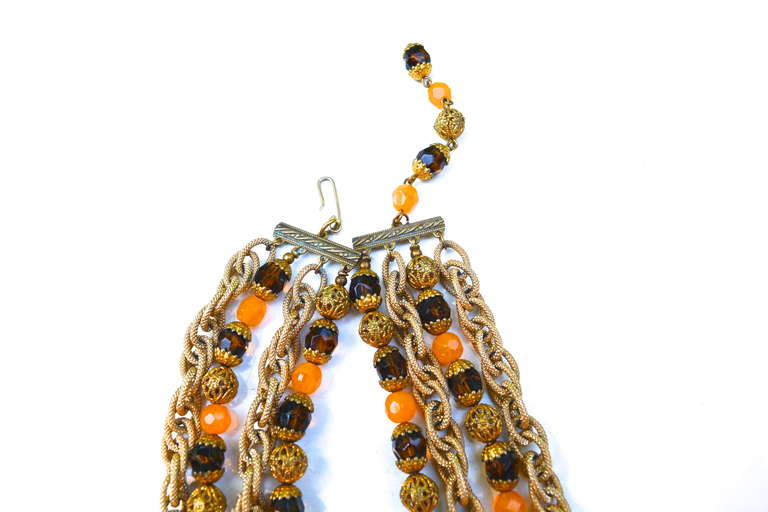 Rare signed Josef Morton, nephew of Miriam Haskell, necklace. Stylish colors and light weight design. He created jewelry for a very brief time in the 1960s.  Adjustable collar with filigree and glass beads.