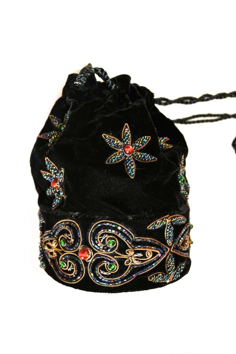 Embroidered and very detailed silk velvet Mary McFadden pouch in original box. Features metallic/lame embroidered sections.