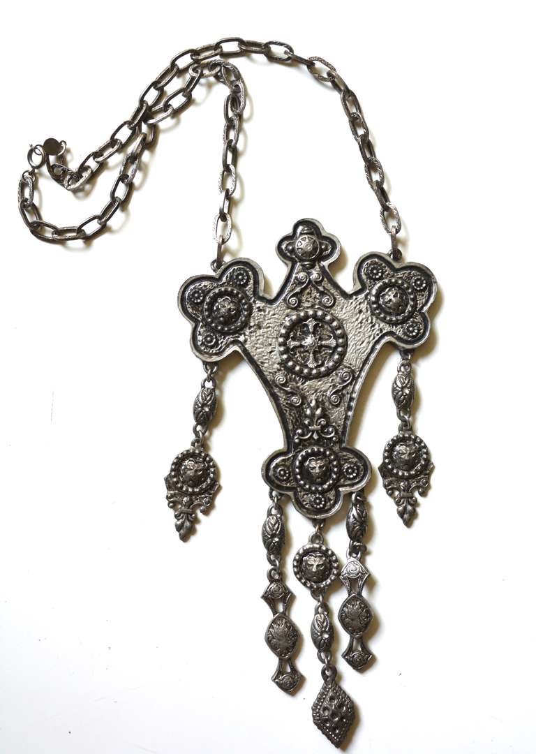 Vintage signed Accessocraft Byzantine style lion armor necklace.  I love the tough yet intricate exterior design of this piece. From the collection of a set designer in the 1970s, who often used Accessocraft in his work.