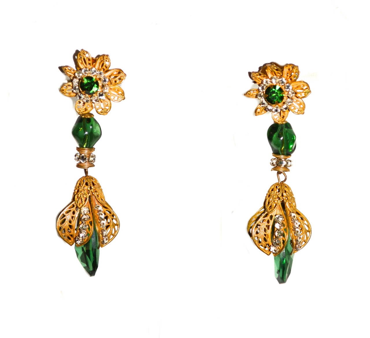1940s-50s gorgeous green glass drop earrings with classic and iconic Miriam Haskell design elements. Width varies to 1