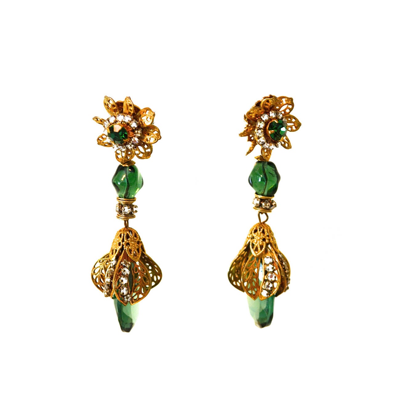 Miriam Haskell Emerald Glass Drop Earrings