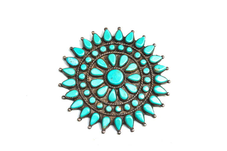 Women's or Men's Zuni Turquoise Silver Brooch Extra Large For Sale