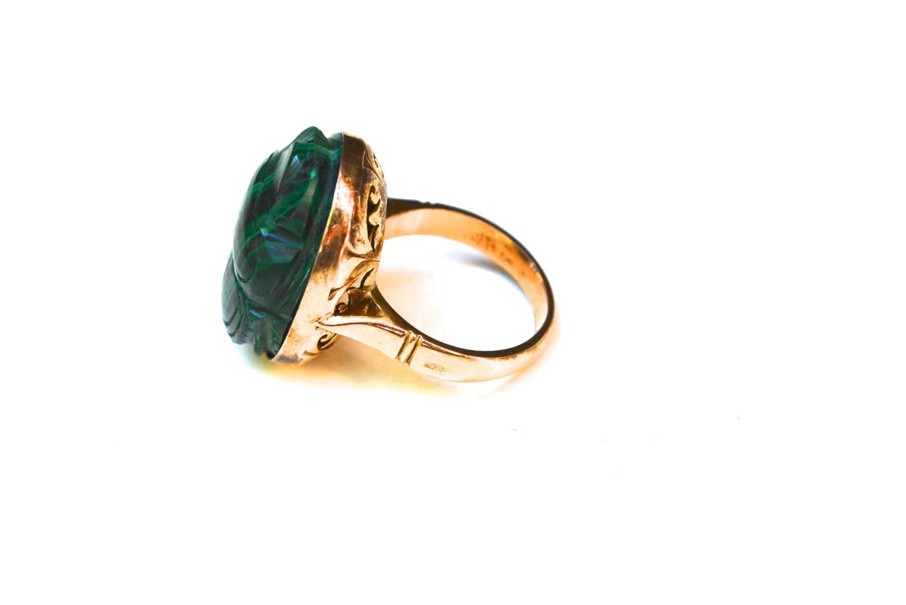New old stock vibrant malachite and gilt sterling ring.  Oversized scarab and elevated ring style. The scarab face is about 1.25