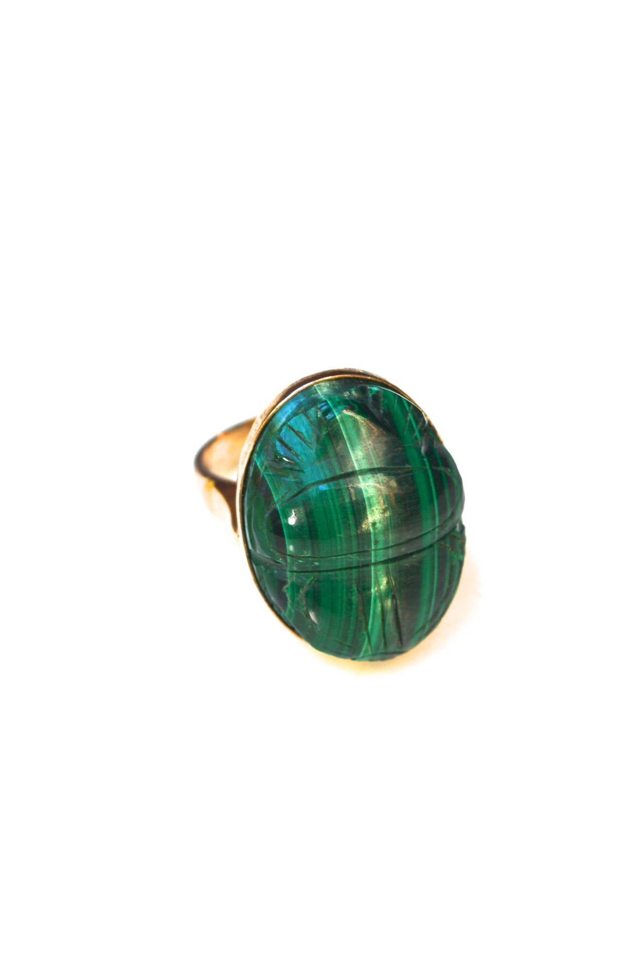 Mid Century Malachite Vermeil Scarab Ring In Excellent Condition In Litchfield County, CT