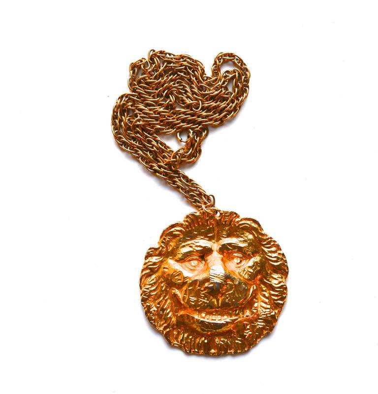 Golden Kenneth Jay Lane late 1960s-70s lion or foo dog necklace, signed. Large medallion style lion/foo. 28
