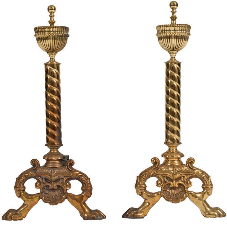Fine Pair of English Brass Neoclassical Andirons