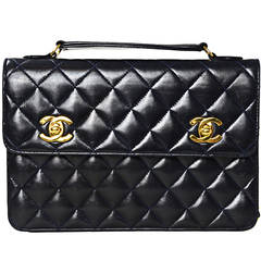 Vintage CHANEL Navy Leather Double CC Closure Flap With Top Handle and Shoulder Strap