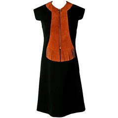 1960's Pierre Cardin Space-Age Black Wool & Brown Suede Block-Color Mod Dress