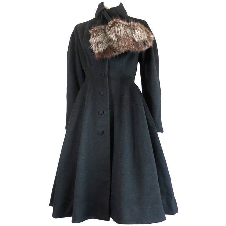 1950's LILLI ANN Black wool coat with fox fur trim at 1stDibs