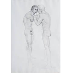 "Arm in Arm," Unusual and Rare Drawing with Male Nudes by Lear
