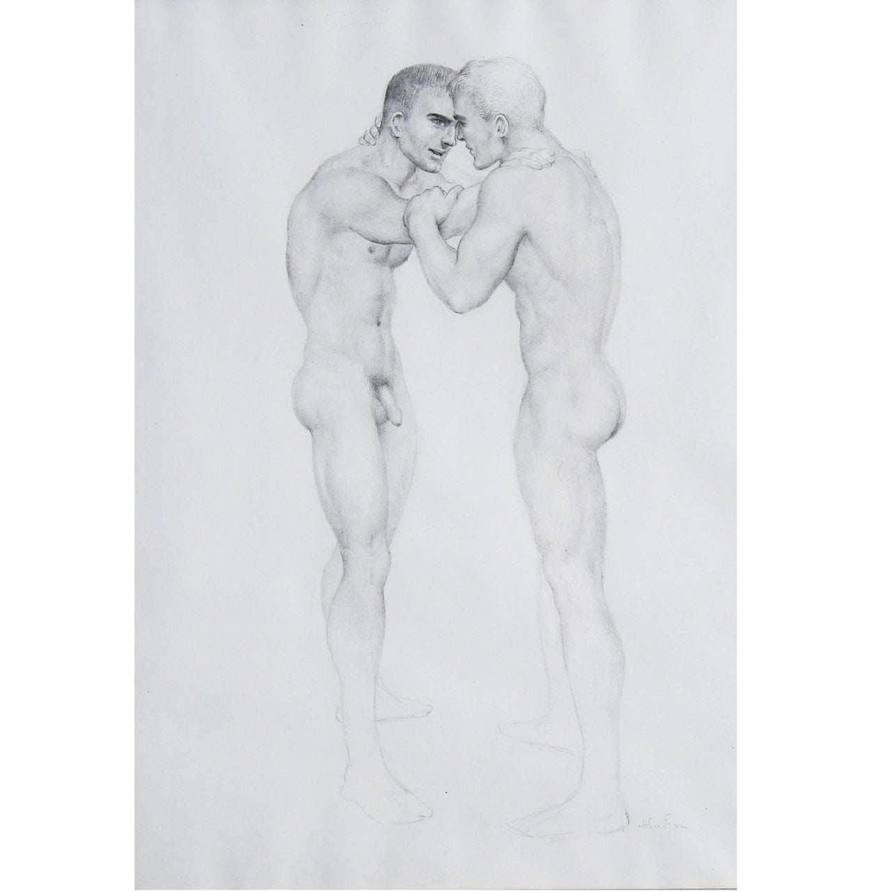 "Arm in Arm, " Unusual and Rare Drawing with Male Nudes by Lear