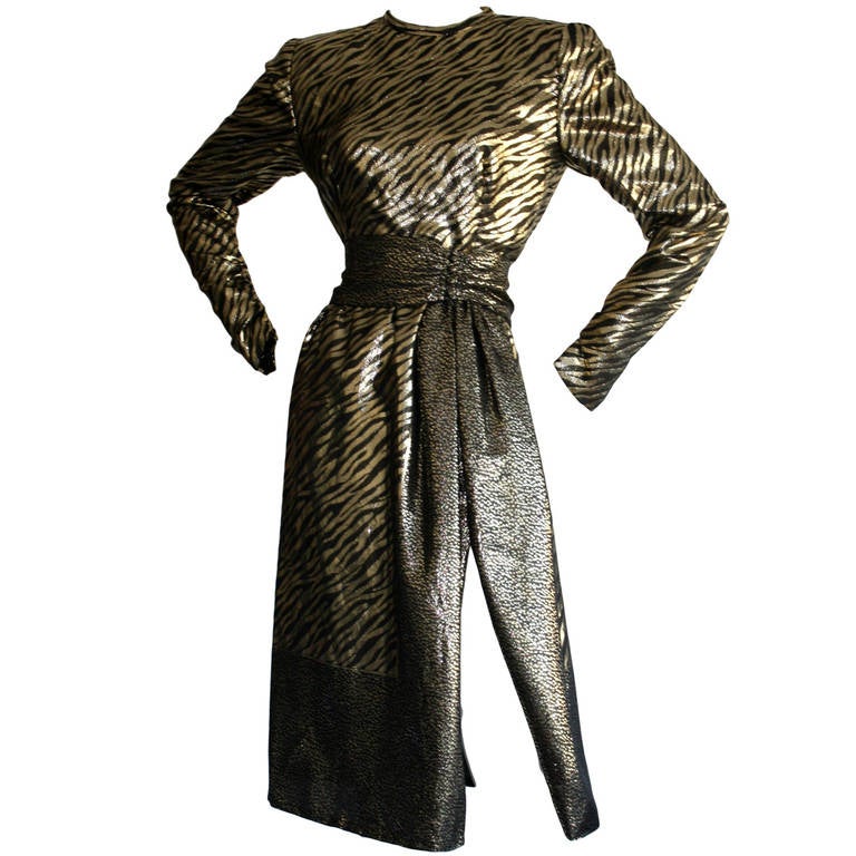 Vintage Pauline Trigere Gold Lame Leopard Zebra Print Dress For Sale