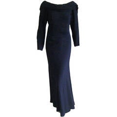 1980s Carolyne Roehm Navy Silk Crepe Evening Dress