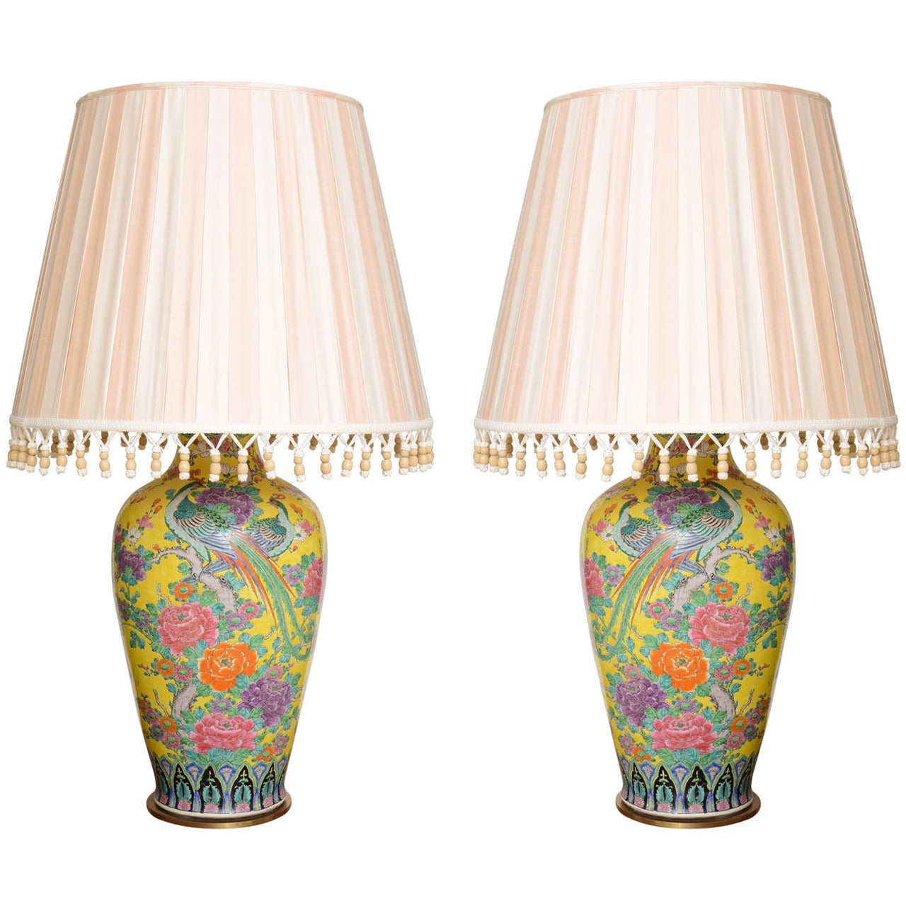 Monumental Pair of Chinese Export Porcelain Yellow Lamps