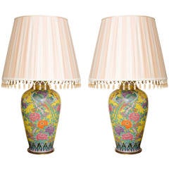Monumental Pair of Chinese Export Porcelain Yellow Lamps Antique Monumental Pair of Chinese Export Porcelain Yellow Lamps