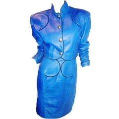 Vintage 1980's North Beach Leather Cobalt blue corset dress and short Jacket