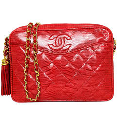 CHANEL Vintage 1987 Red Lizard Quilted Camera Bag w/ Tassel GHW