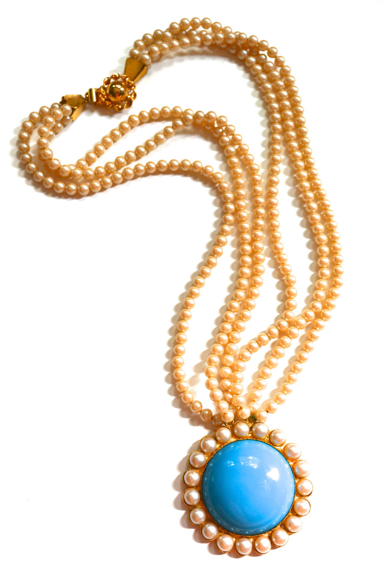 Signed William de Lillo multi strand costume pearl bead necklace. Wonderful glass turquoise cabochon.  The pendant is 2