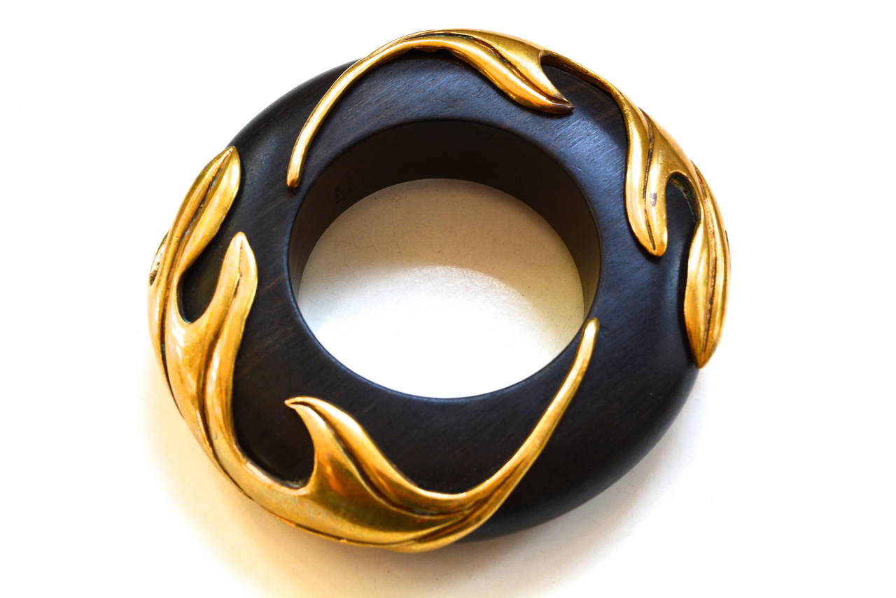 Isabel Canovas Wood Scarab and Flame Cuffs, 1980s  For Sale 1