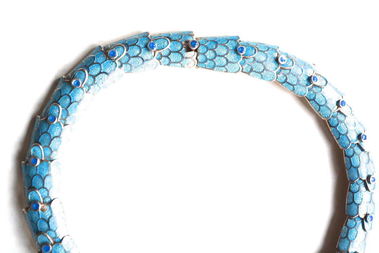 Original not reproduced signed MARGOT DE TAXCO, 5554 (design number), HECHO EN MEXICO, Eagle 16 assay marked iconic snake necklace in desirable turquoise blue. It has darker blue circular enamel details. The original stamp is somewhat unclear, but