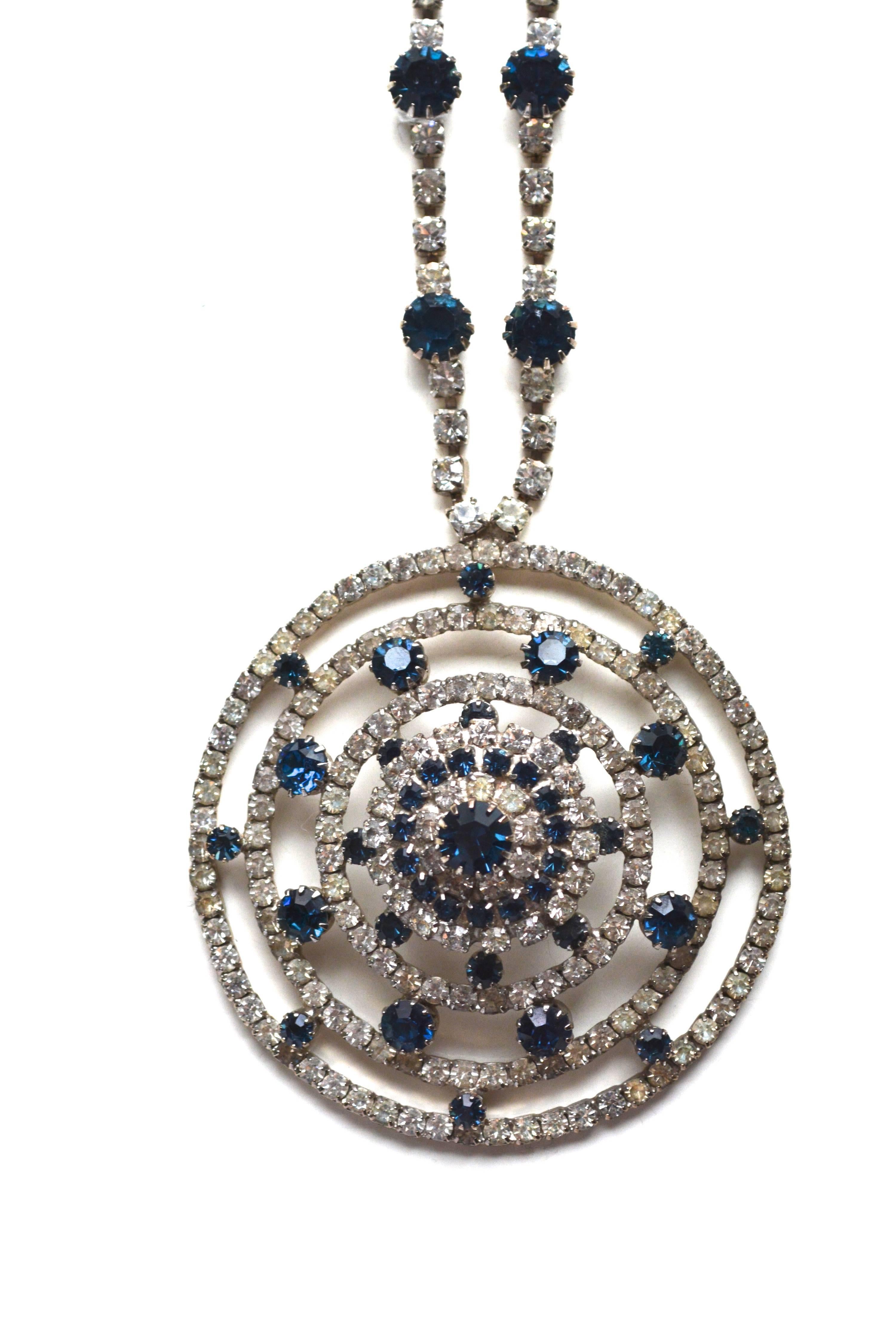 Vintage unsigned rhinestone necklace with clear and sapphire blues stones, very 