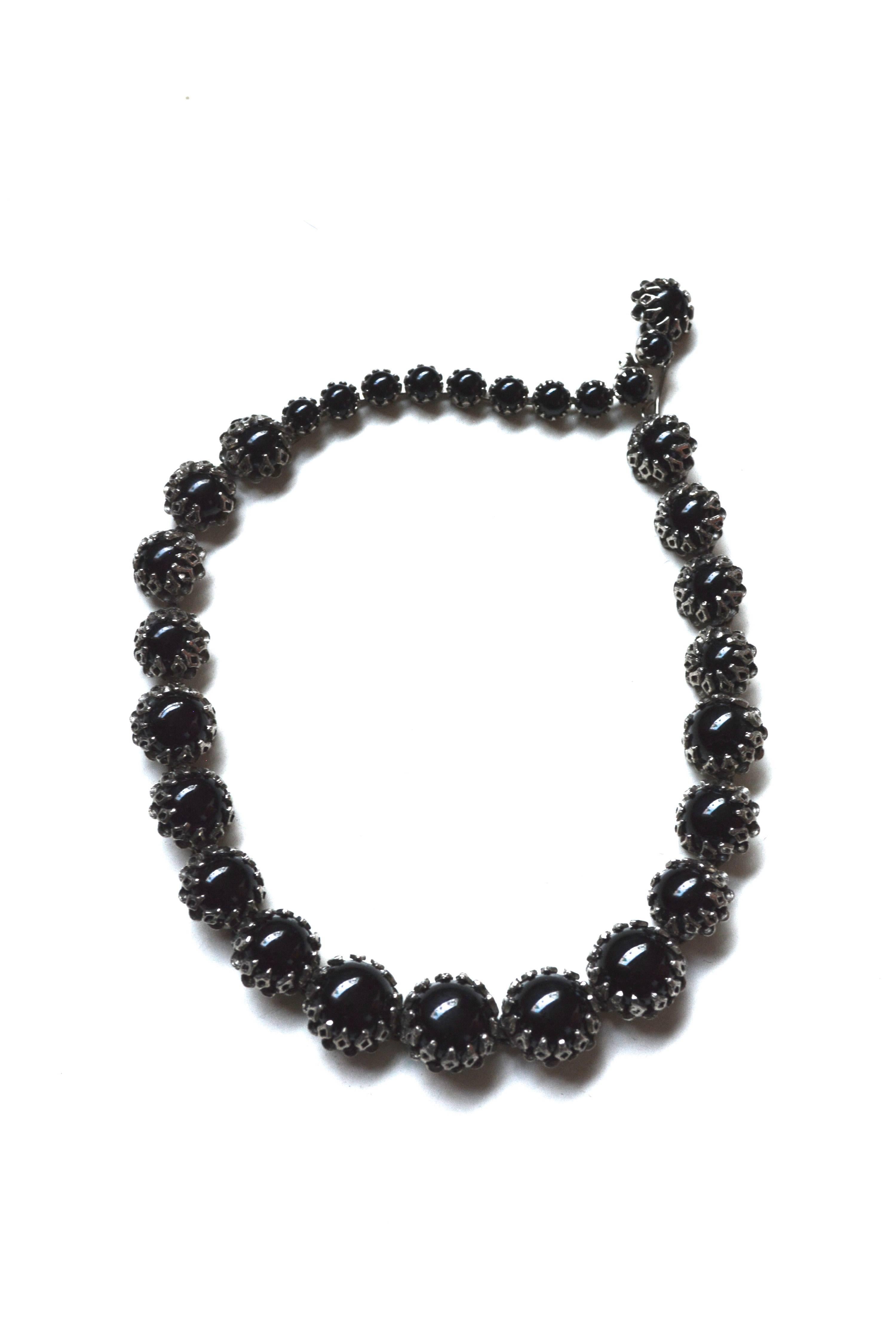 1950s-60s signed Christian Dior by Kramer black glass and silver metal choker. True choker style at a max length of 15
