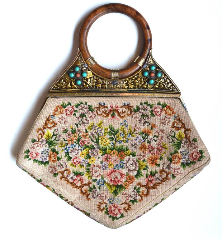 1920s Chinese Jade, Turquoise and Wooden Handle Petit Point Bag at 1stdibs