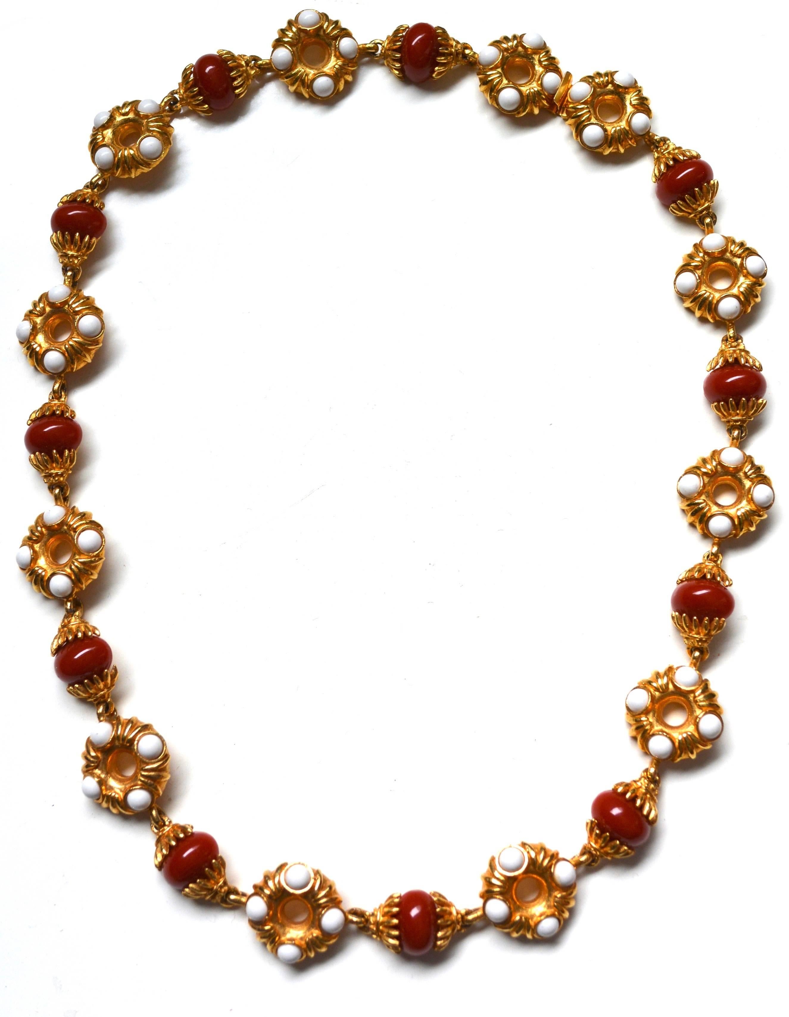Chunky but very wearable signed KJL Etruscan style necklace with a large c indicating a 1970s date. Width varies.