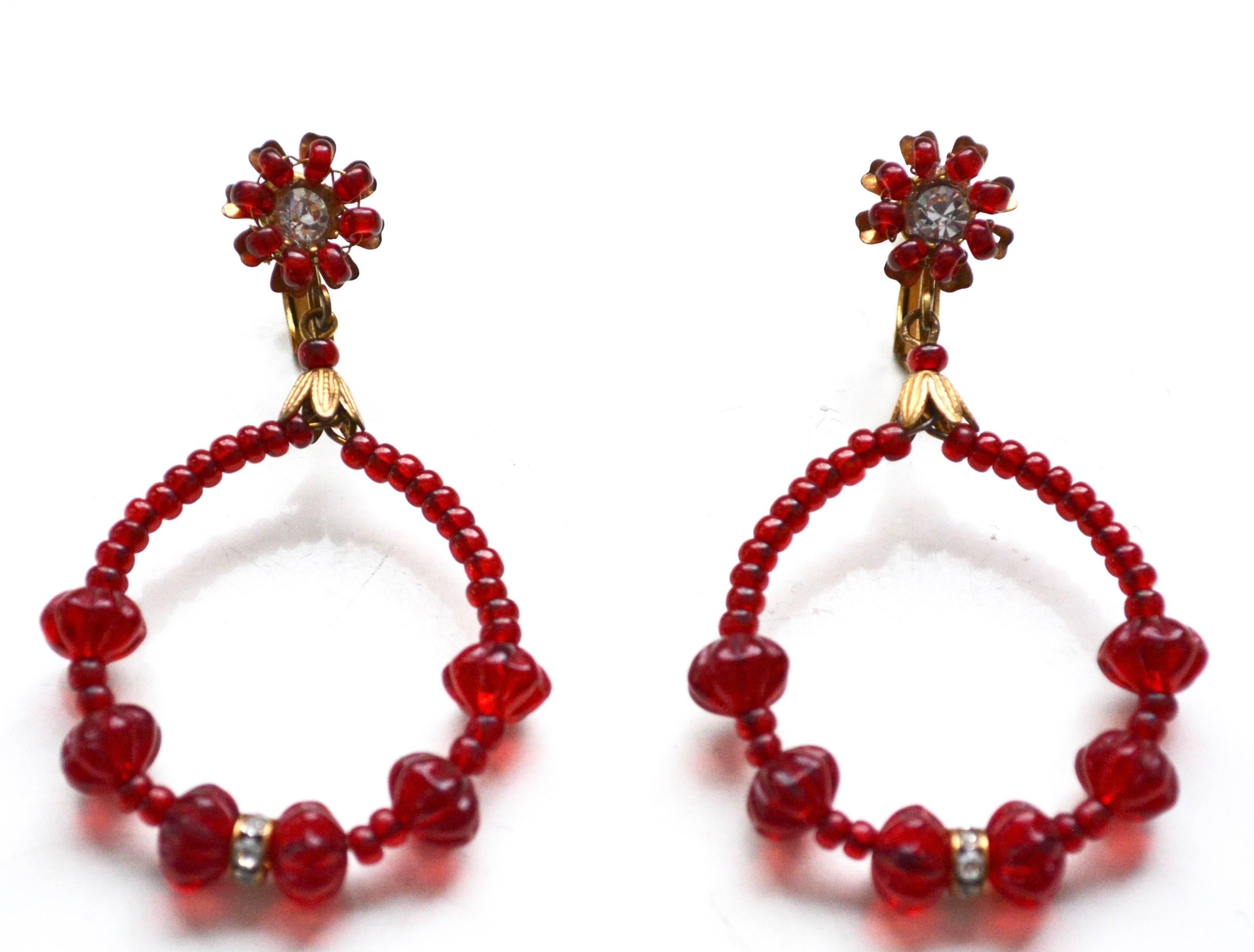 Vibrant rarer red signed Haskell glass bead earrings from the 1940s. Condition is excellent. 