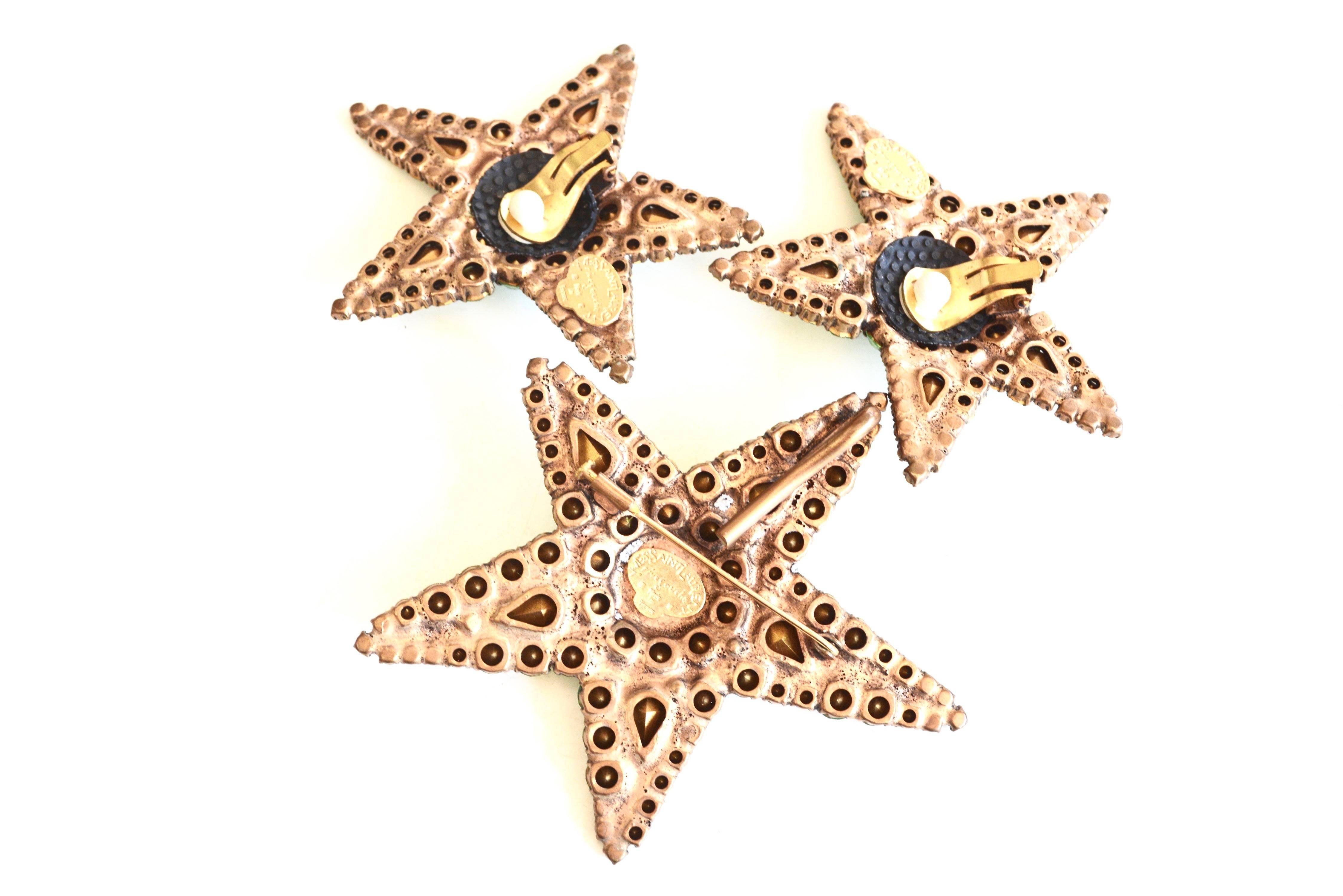 YSL green glass star pin/pendant and matching oversized earrings. Signed Rive Gauche, Made in France. Great scale and design.  Earrings measure 2.75