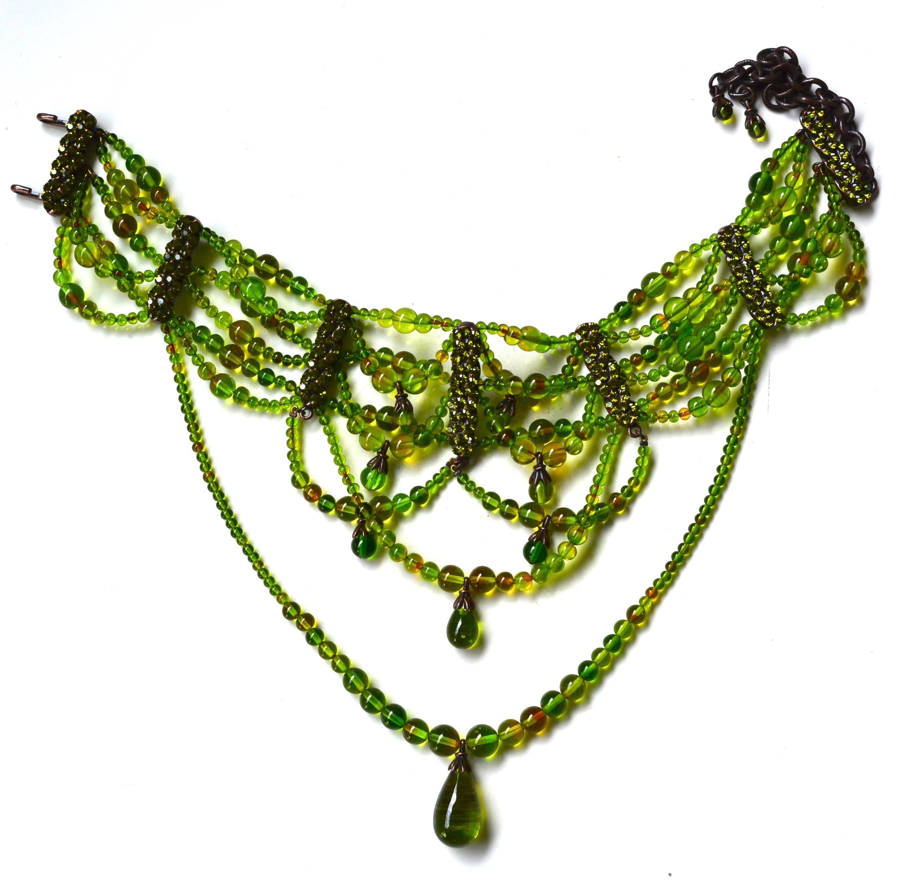 Rare double set of gorgeous multi toned green glass bead corset inspired necklaces by John Galliano for Dior. Maison Goossens made. These are possibly couture or limited run and came directly from a French collection in Paris. The quality and