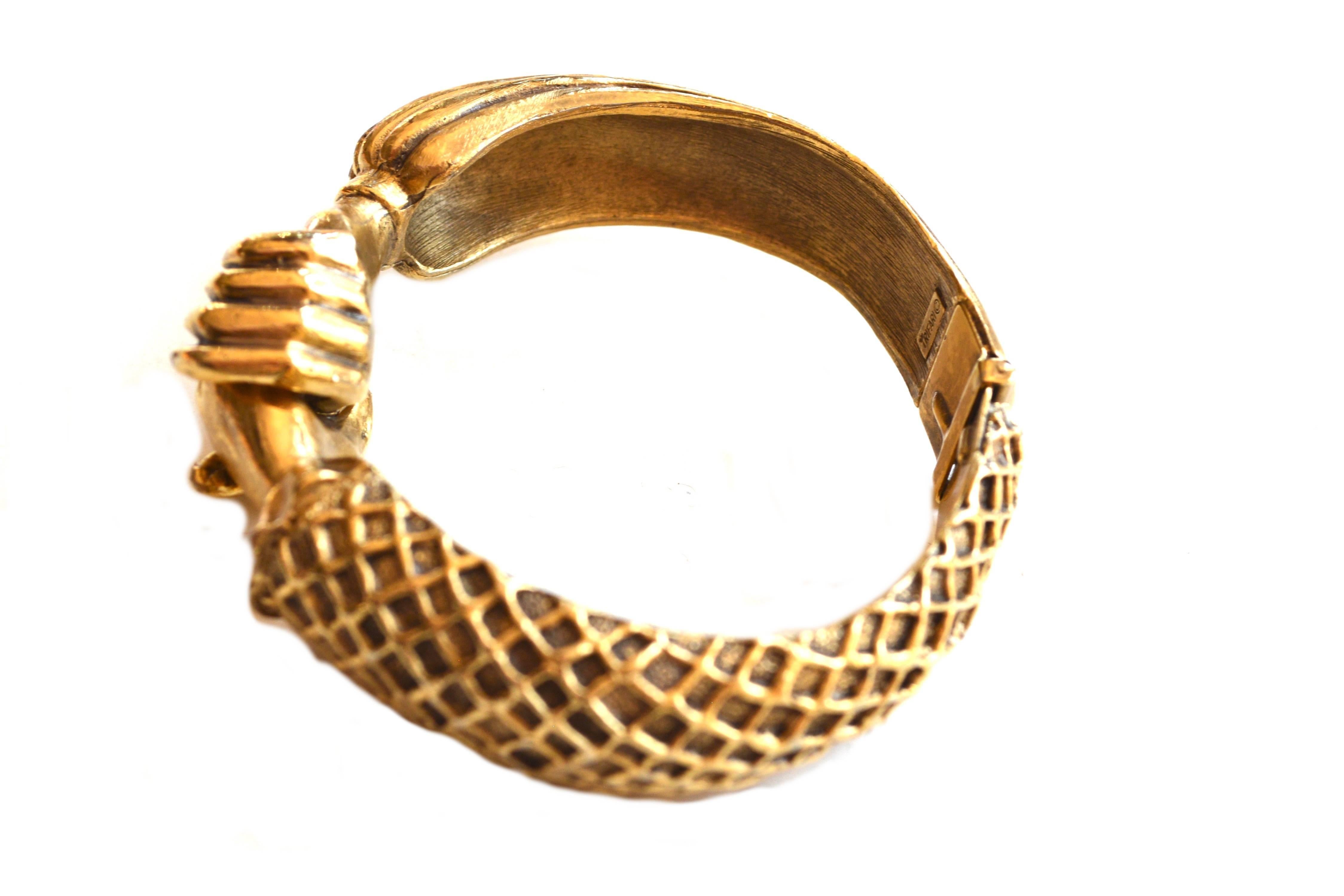 Signed 1972, Diane Love for Trifari rare Elizabethan style hand clamper bracelet.  Diane's designs for Trifari are highly sought after, read more about her in our interview on the blog. Condition is excellent with very mild signs of use. Hands