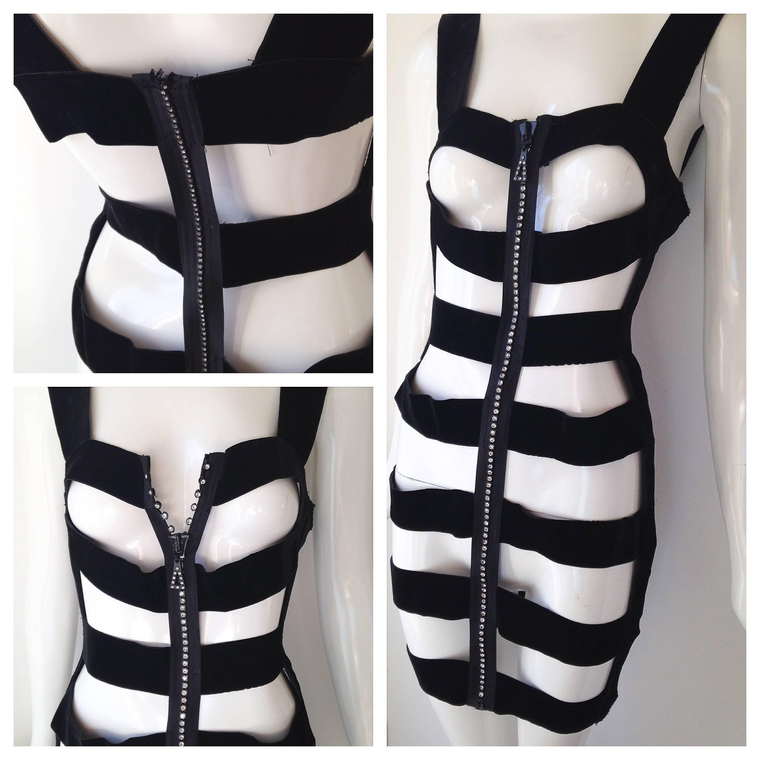Jean Paul Gaultier style vintage late 80s, 90s body con zipper band dress. (I did speak with someone who had this Gaultier but it has no tag) This piece was purchased at a museum deacquisition and collector's auction. This zipper dress is hand made