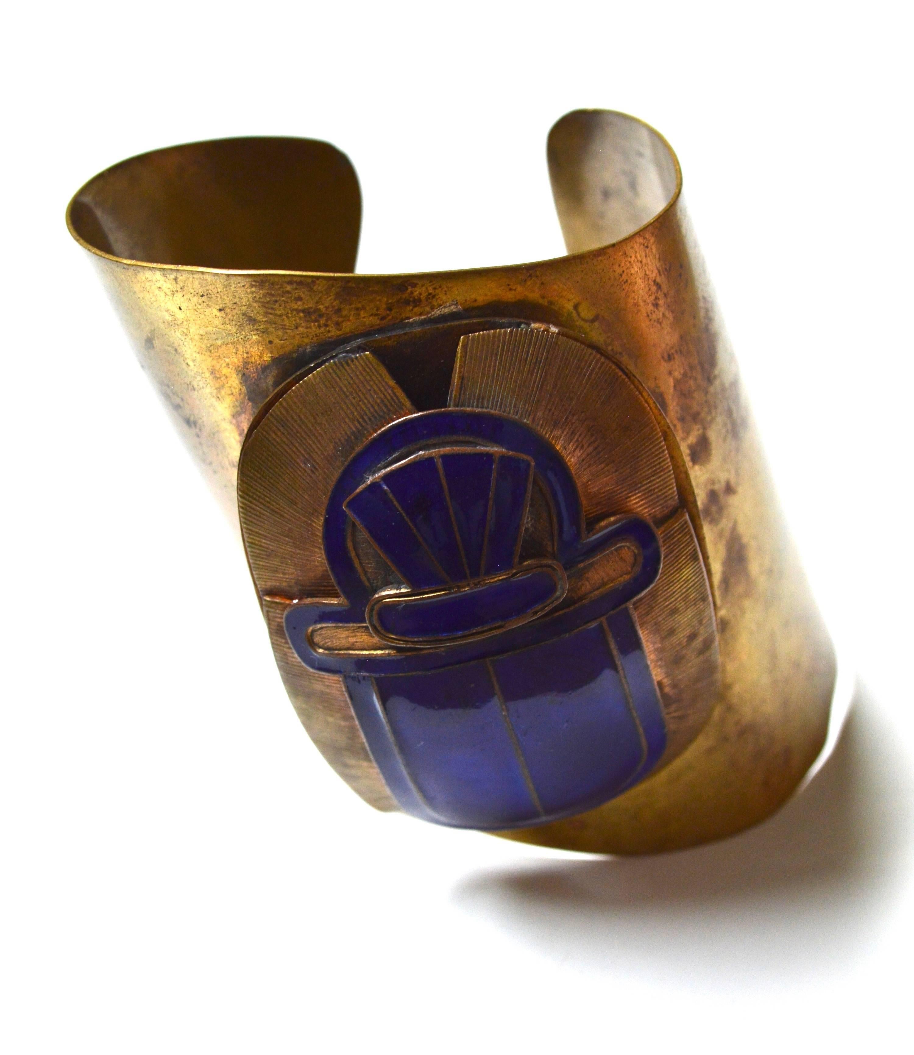 1920s Cobalt Blue Enamel Egyptian Revival Scarab Bracelet In Good Condition In Litchfield County, CT