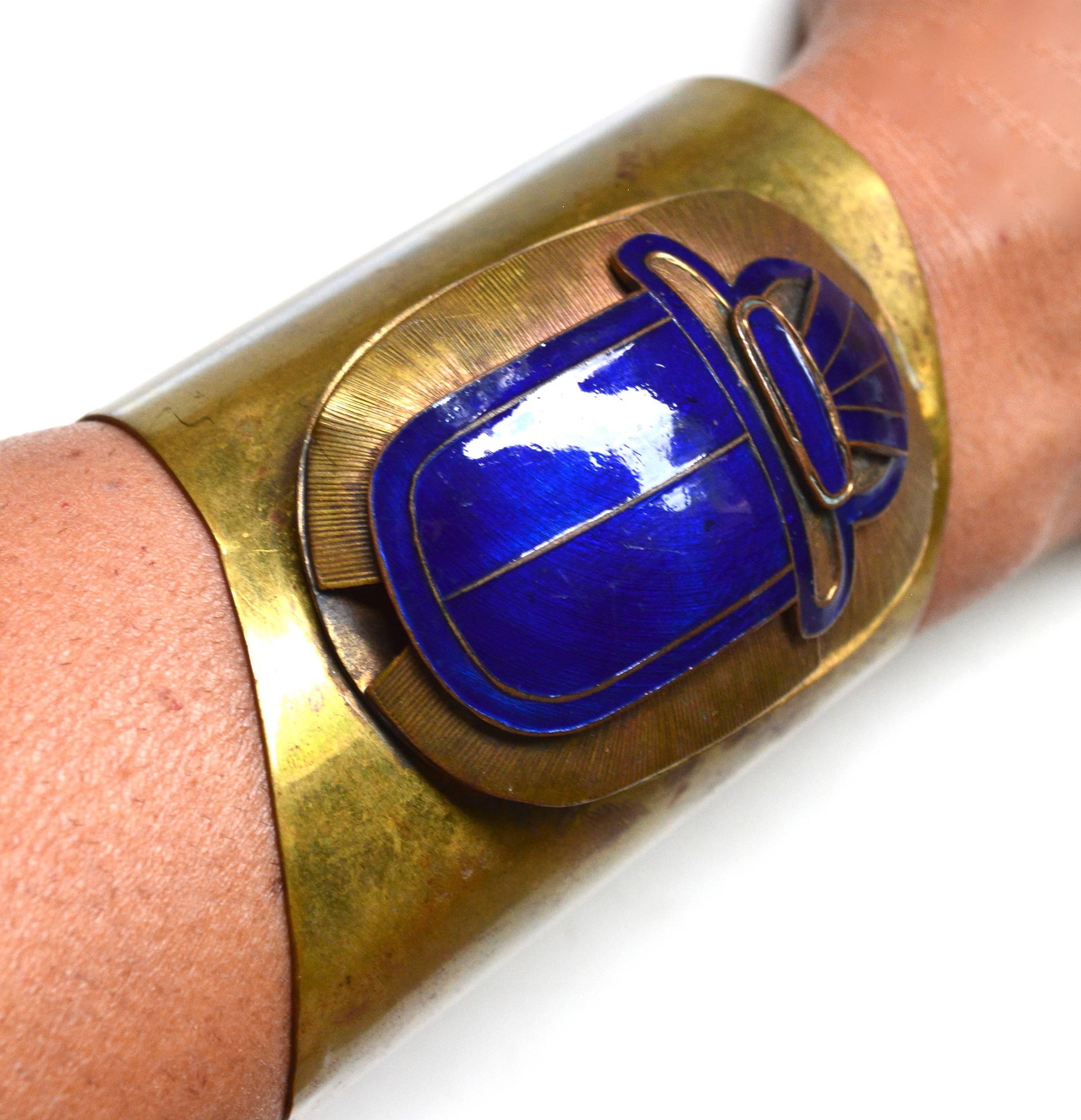 1920s Cobalt Blue Enamel Egyptian Revival Scarab Bracelet 1