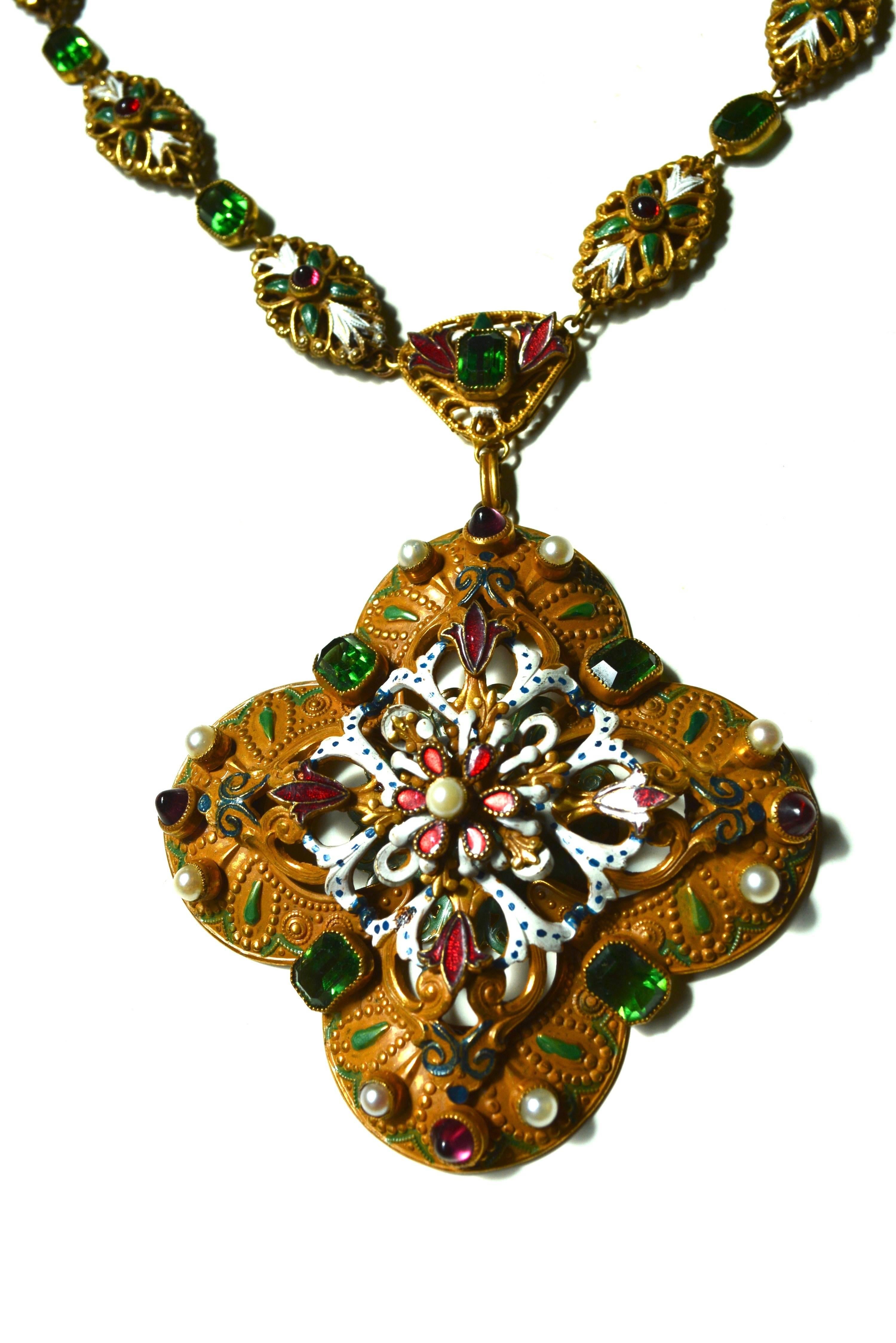 Signed enamel and gilt Hobe larger Austro-Hungarian necklace and earrings. The piece is in very good condition with minor enamel wear. The earrings are good but one is slightly open on the side, see images. Circa 1940s.  16