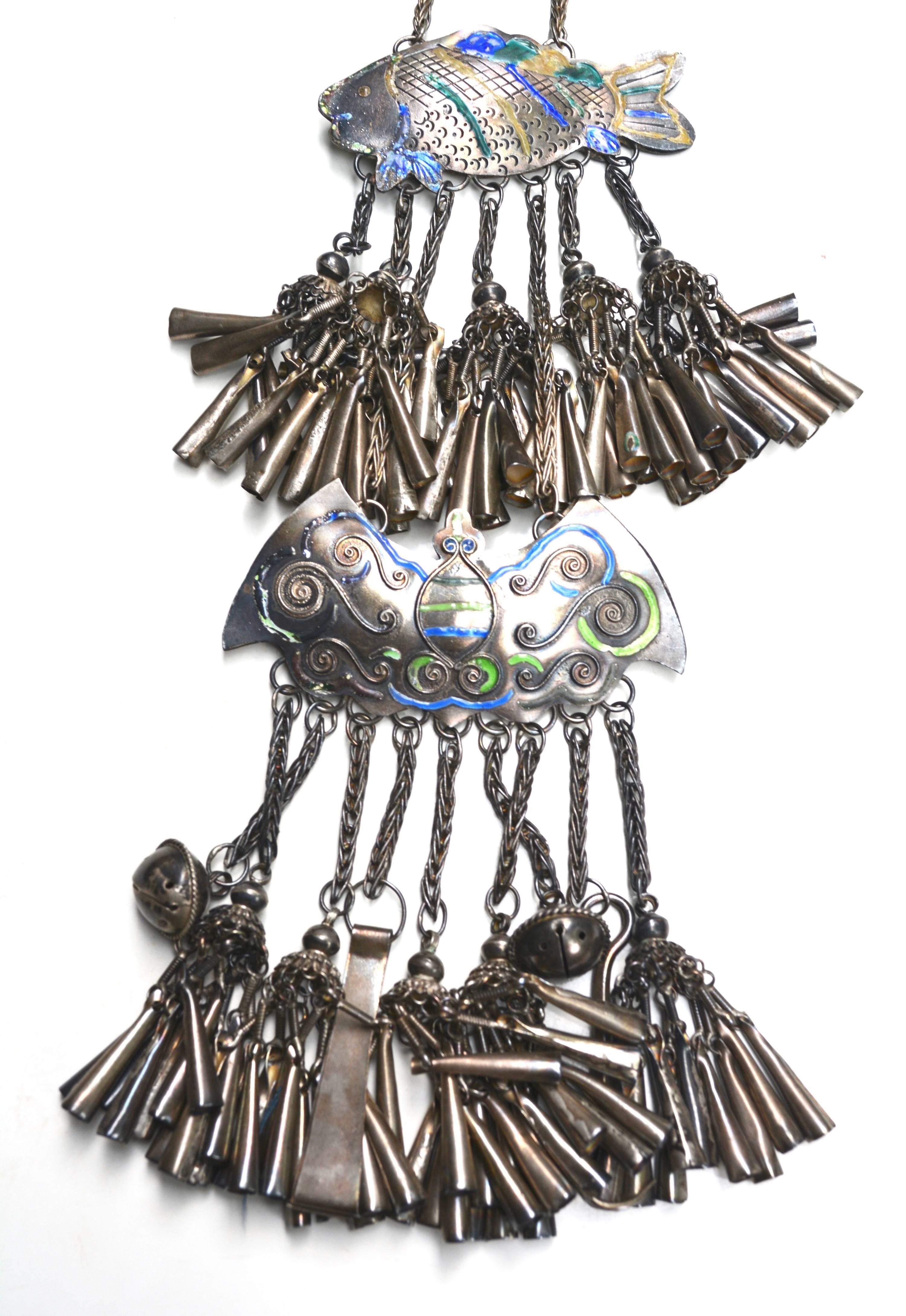 Older rare Miao silver oversized fringe fish and bat collar. Made by the Miao ethnic group from southern China. From a lifetime collection of important pieces from India, Asian and Africa.  The piece unlatches to extend the collar size, but I was