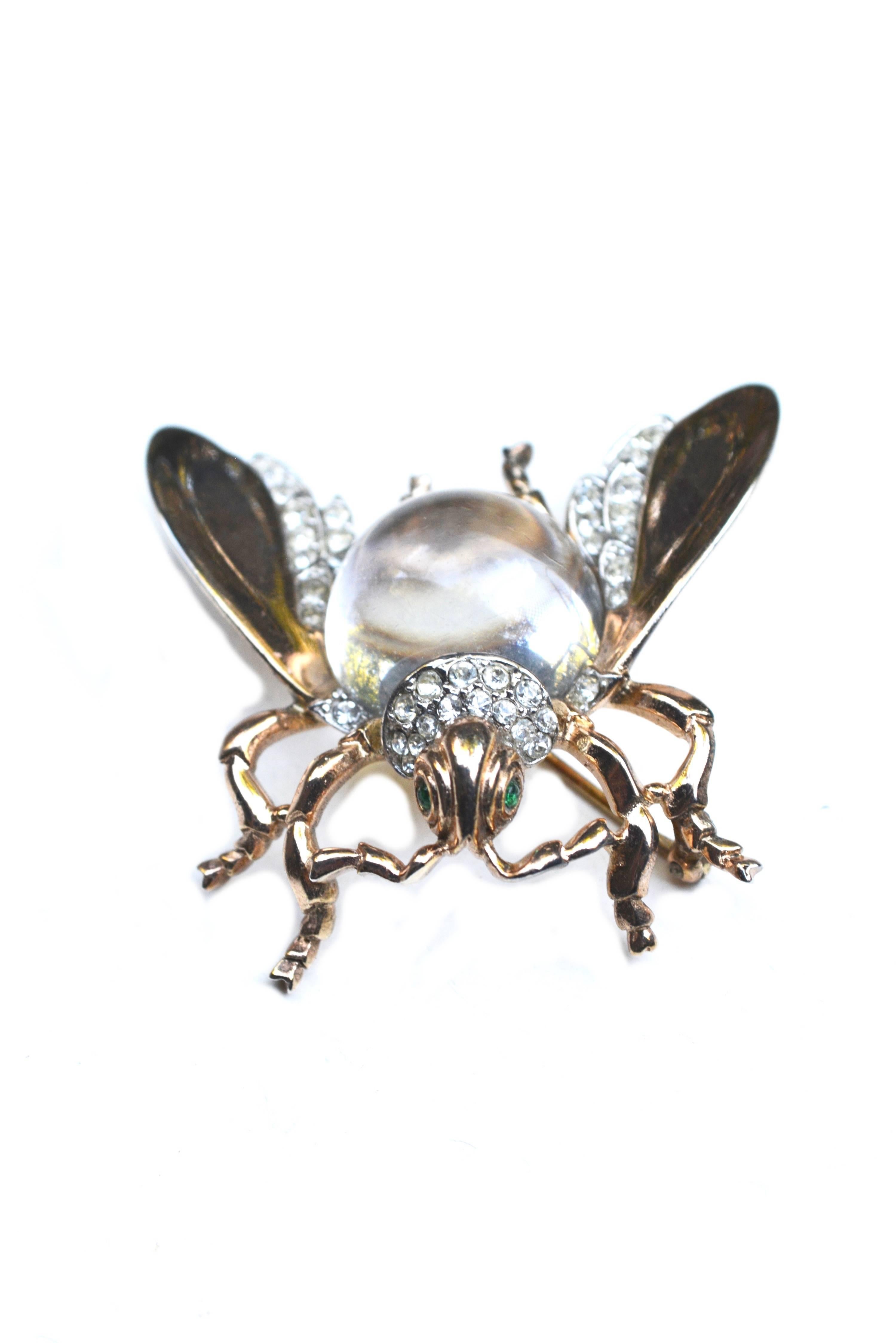 This larger size jelly belly fly or bee insect brooch by Trifari is whimsical and rarer. Clear center and paste stones on vermeil. Some mild finish loss on the end of one wing, a couple slightly darker tarnished spots on the other end.  About