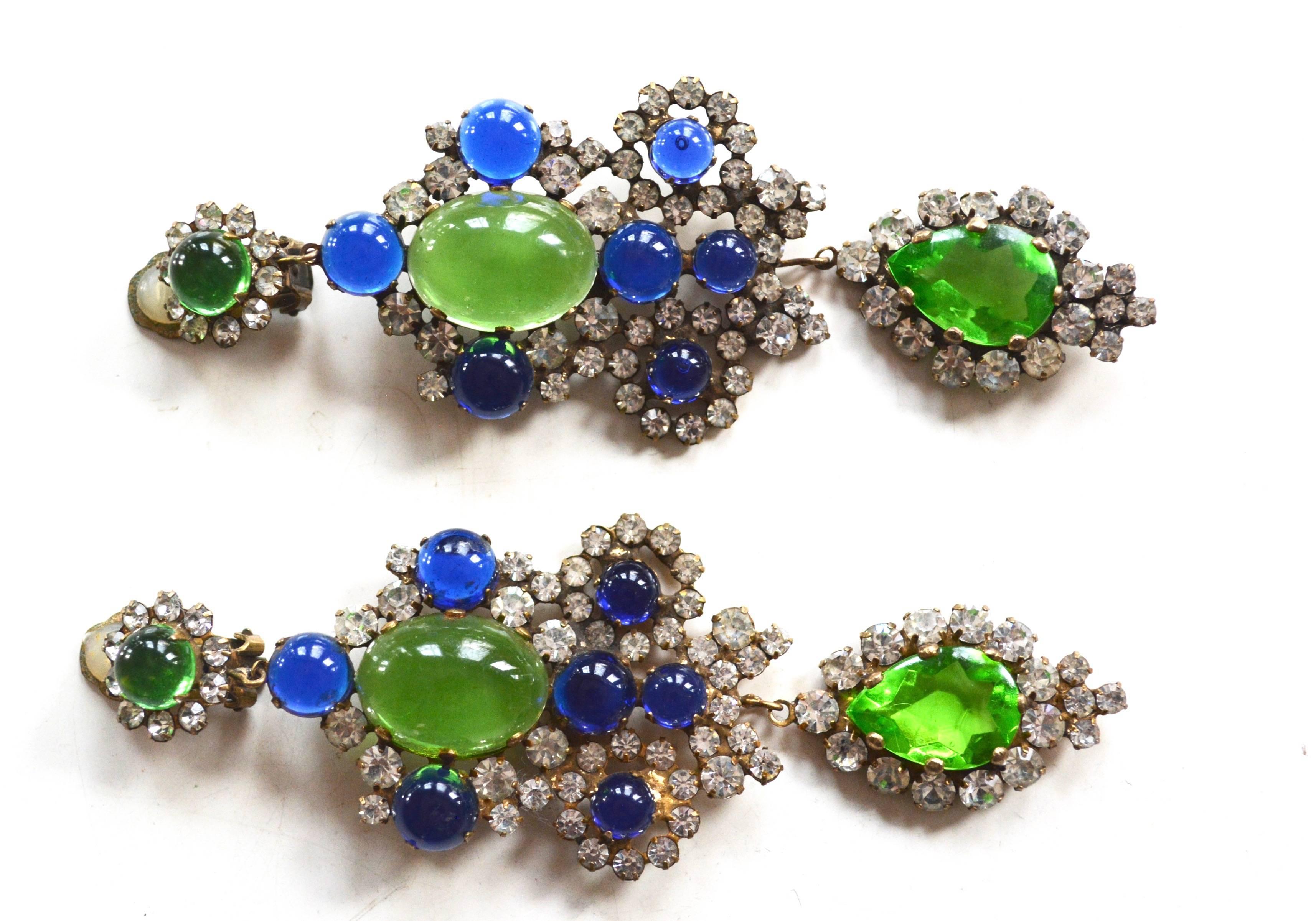 Blue, green, and rhinestone chandelier earrings by Kenneth Jay Lane, signed K.J.L. 4.5