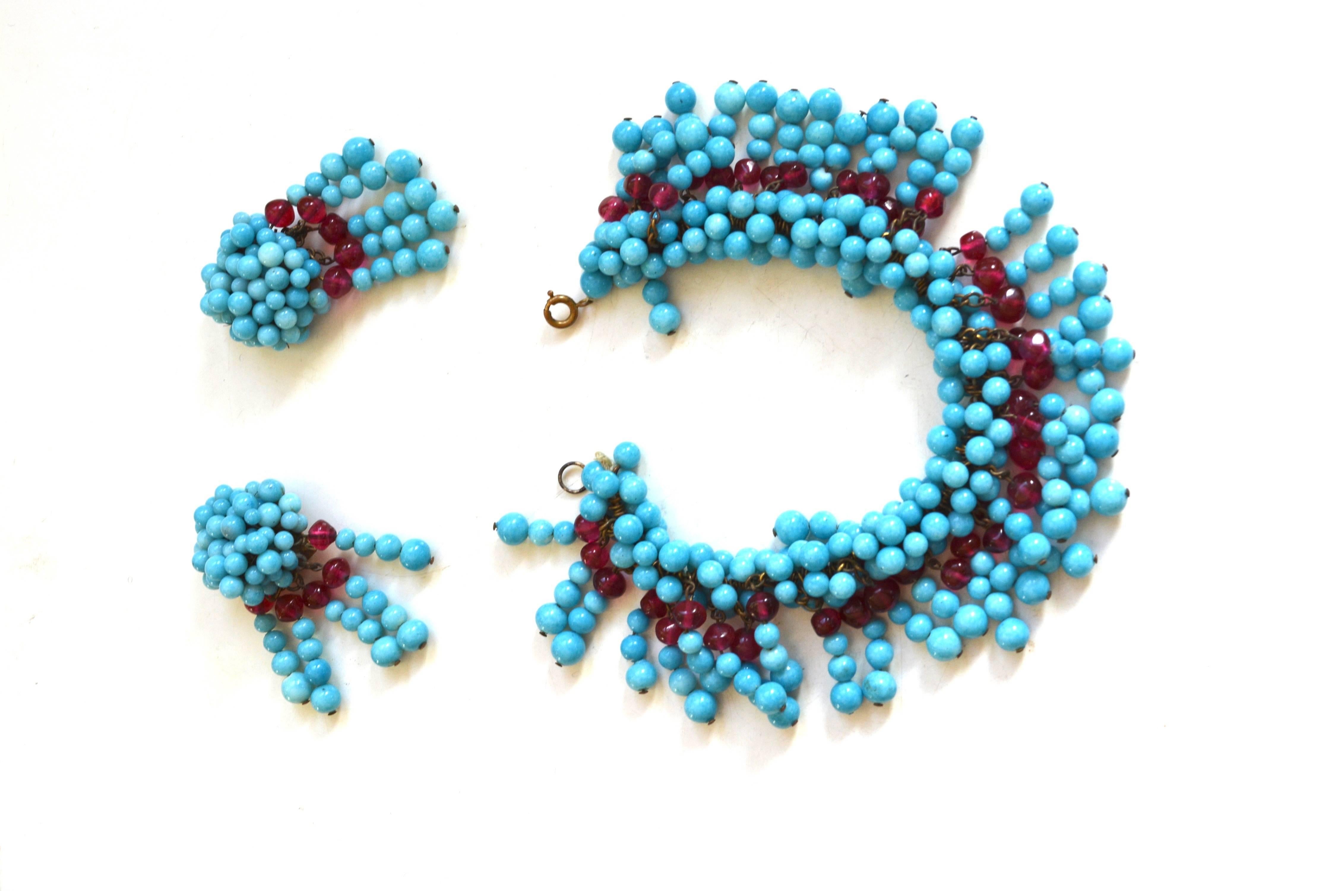 Women's or Men's Couture Gripoix Turquoise Bead Necklace, Earrings, and Bracelet For Sale