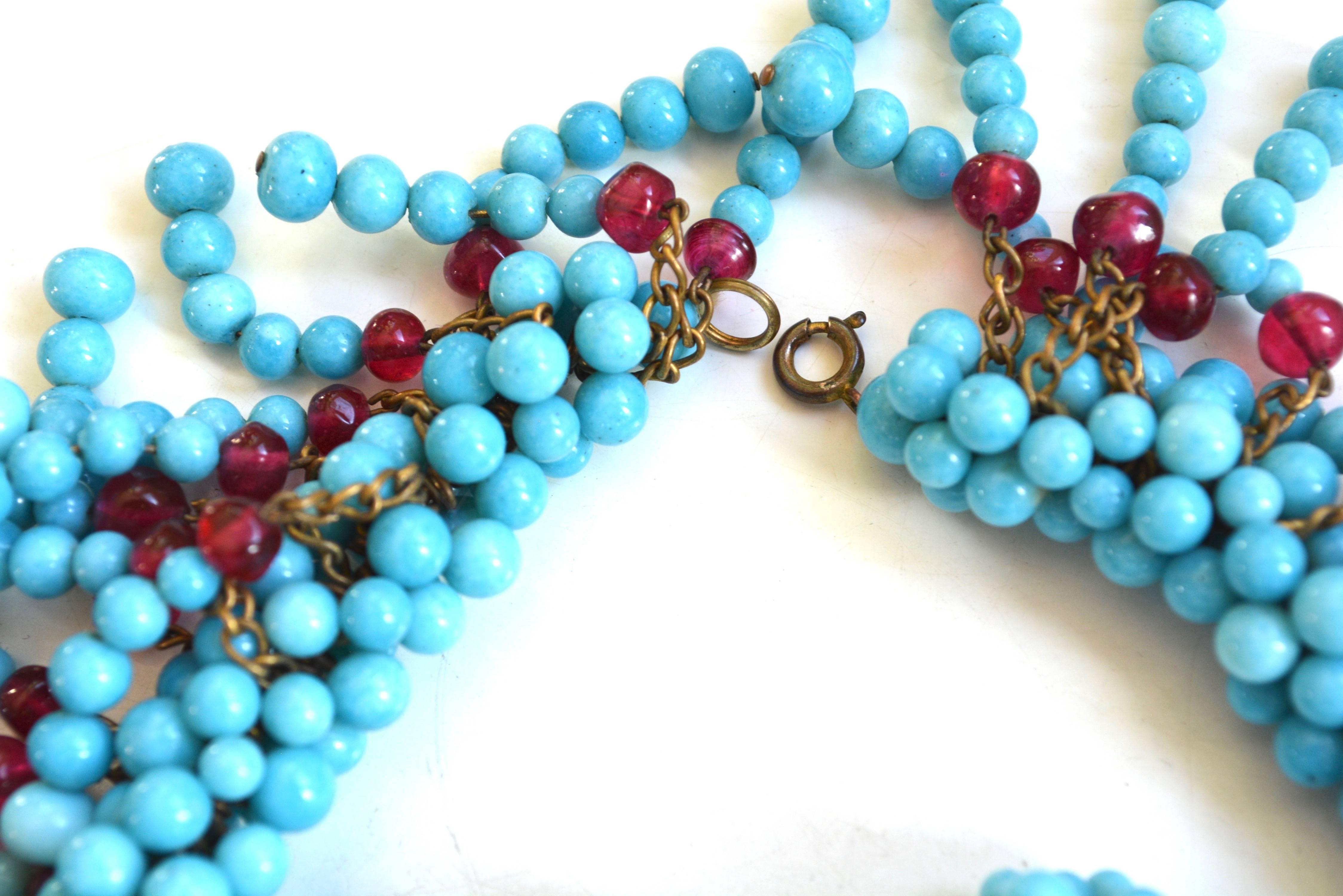 Couture Gripoix Turquoise Bead Necklace, Earrings, and Bracelet For Sale 1